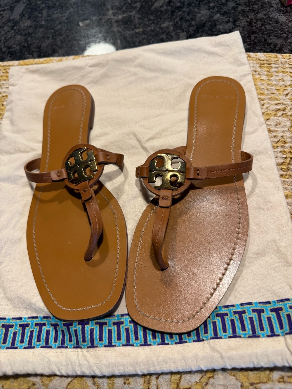 Tory Burch Brown Leather Logo Thong Sandals